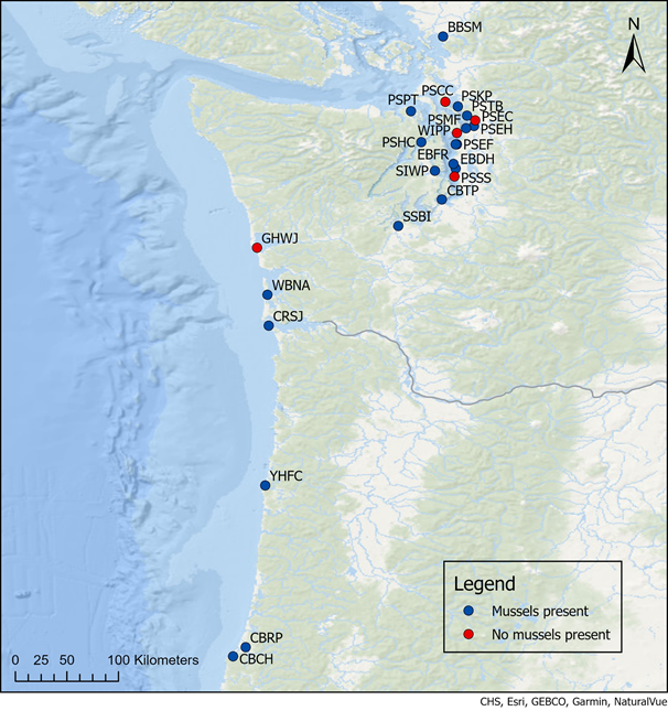 Map of sites sampled in the Pacific Northwest in 2019 as part of the NOAA Mussel Watch Program. 