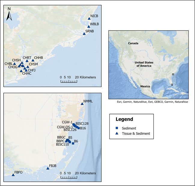 Map of sites sampled in the Southeast Atlantic in 2020 as part of the NOAA Mussel Watch Program. 