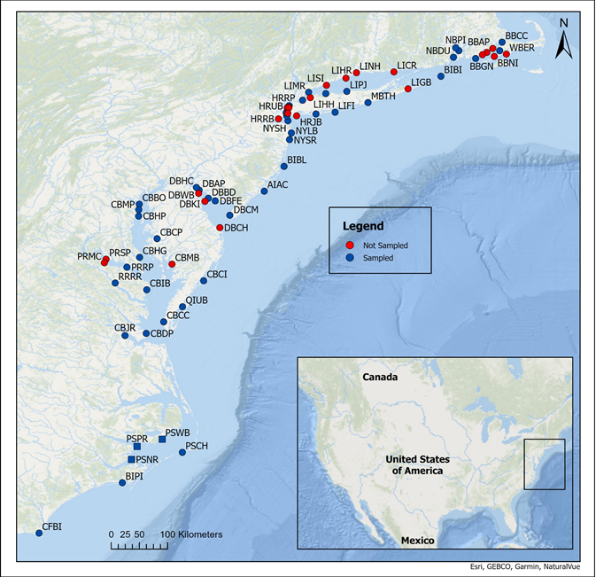 Map of sites sampled in the Mid-Atlantic in 2021 as part of the NOAA Mussel Watch Program. 