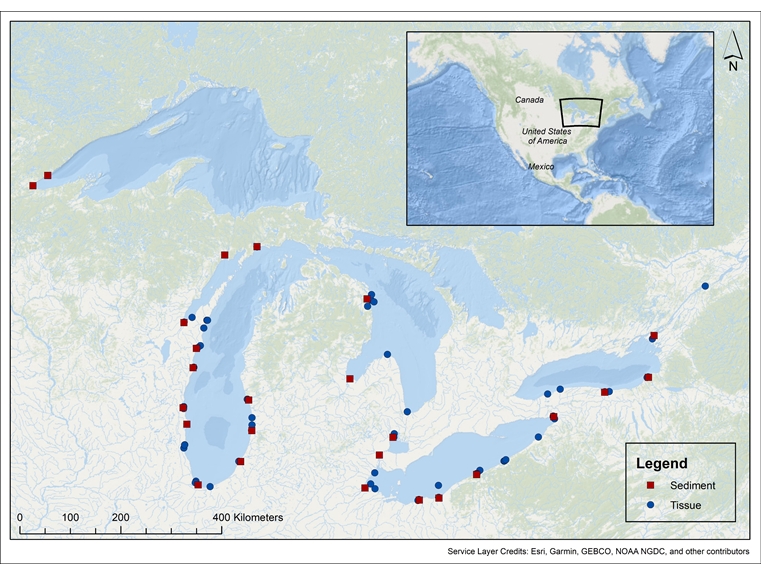 Map of sites sampled in the Great Lakes region in 2022 as part of the NOAA Mussel Watch Program. 