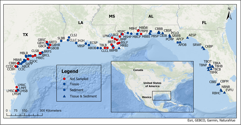 Map of sites sampled in the Gulf of Mexico in 2023 as part of the NOAA Mussel Watch Program. 