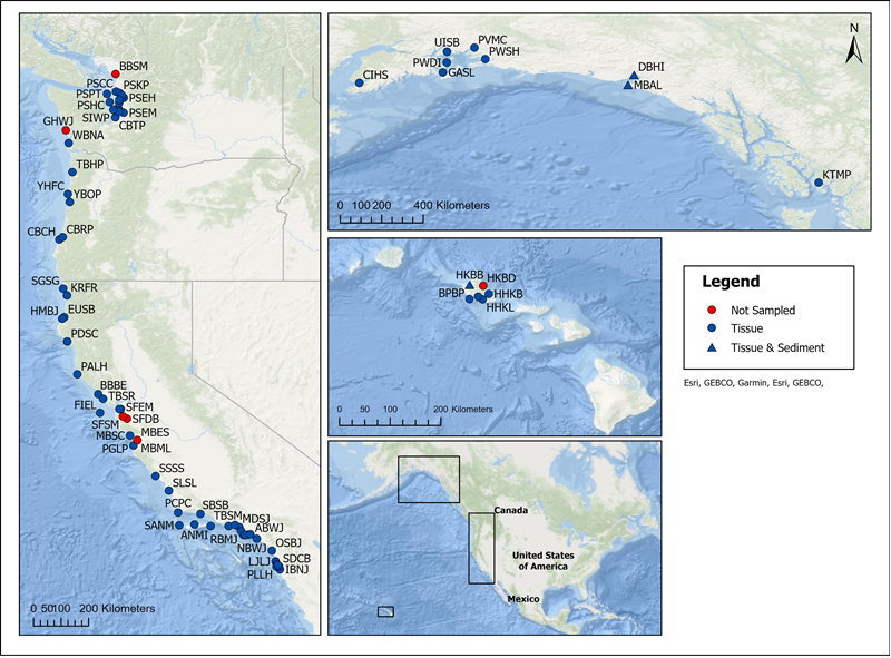 Map of sites sampled in the Pacific West Coast, Alaska, and Hawaii in 2023 as part of the NOAA Mussel Watch Program. 