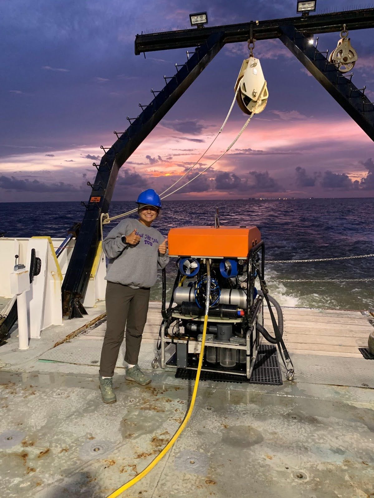 woman stands on deck of boat next to ROV with colorful purple sunset visible in background 