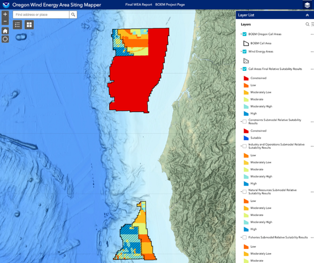 webmapper application showing the final suitability model for the Oregon wind energy areas