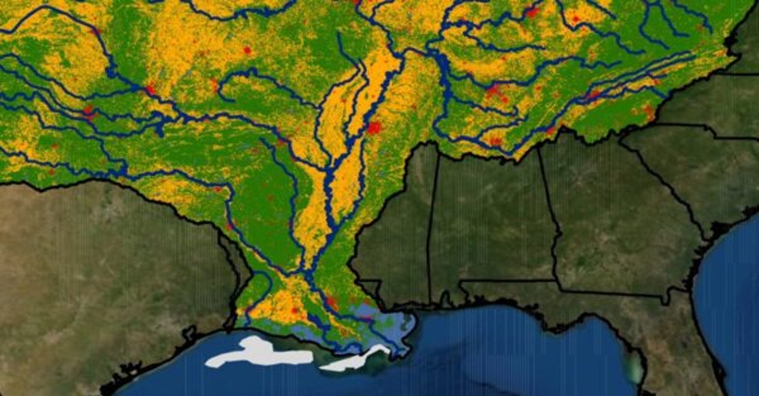 Map of Mississippi River Watershed flowing to Gulf of Mexico and deadzone