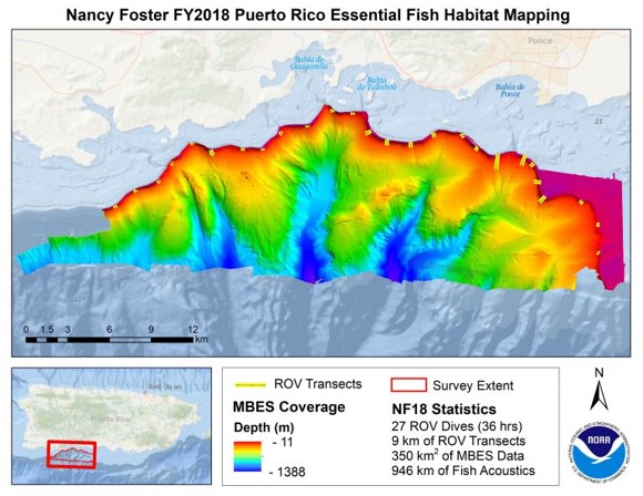 Map of bathymetry along southern Puerto Rico shows depth from -11 meters to -1388 meters.