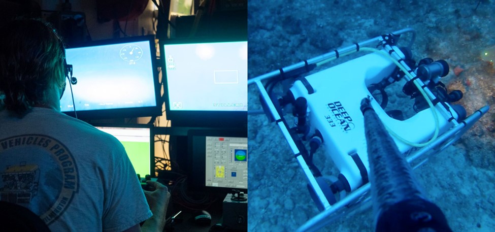 Split screen: person at a computer on left, view of ROV on right.