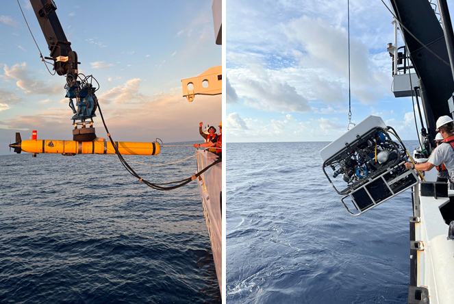 Deploying the Woods Hole Oceanographic Institution’s REMUS 600 AUV (left) and retrieving the University of North Carolina at Wilmington’s Mohawk 18 ROV (right). 