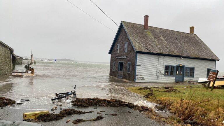 A flooded road and with water surrounding buildings.