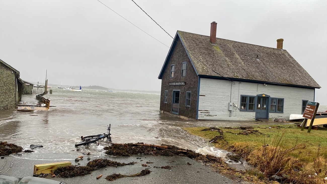 January 2024 storm brings flood waters to Acadia National Park's historic Blue Duck Ships Store on Little Cranberry Island in Maine.