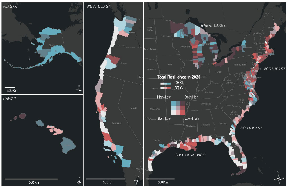  Bivariate choropleth map showing coastal counties where CRSI and BRIC total resilience scores agreed and disagreed