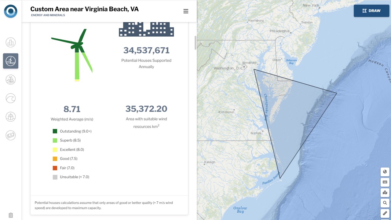 Tool interface shows map on right side and a graphic of a windmill, potential houses supported, suitable wind resources, and average wind speed.