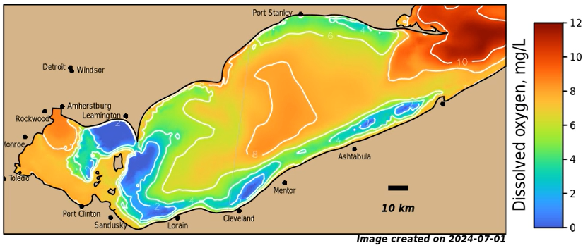 Map of Lake Erie shows dissolved oxygen. Blue is lower numbers and dark red is higher numbers.