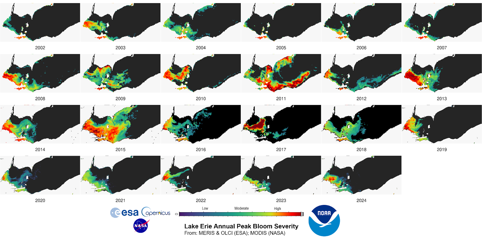 composite of satellite images of peak bloom in Lake Erie from 2002 to 2024. 