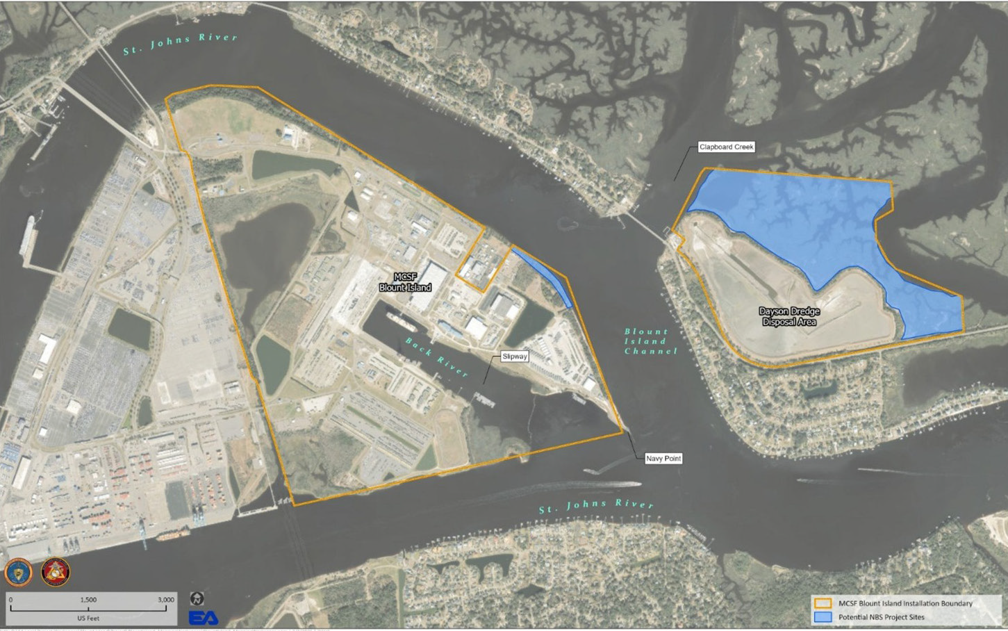 map of Blount Island showing potential restoration sites