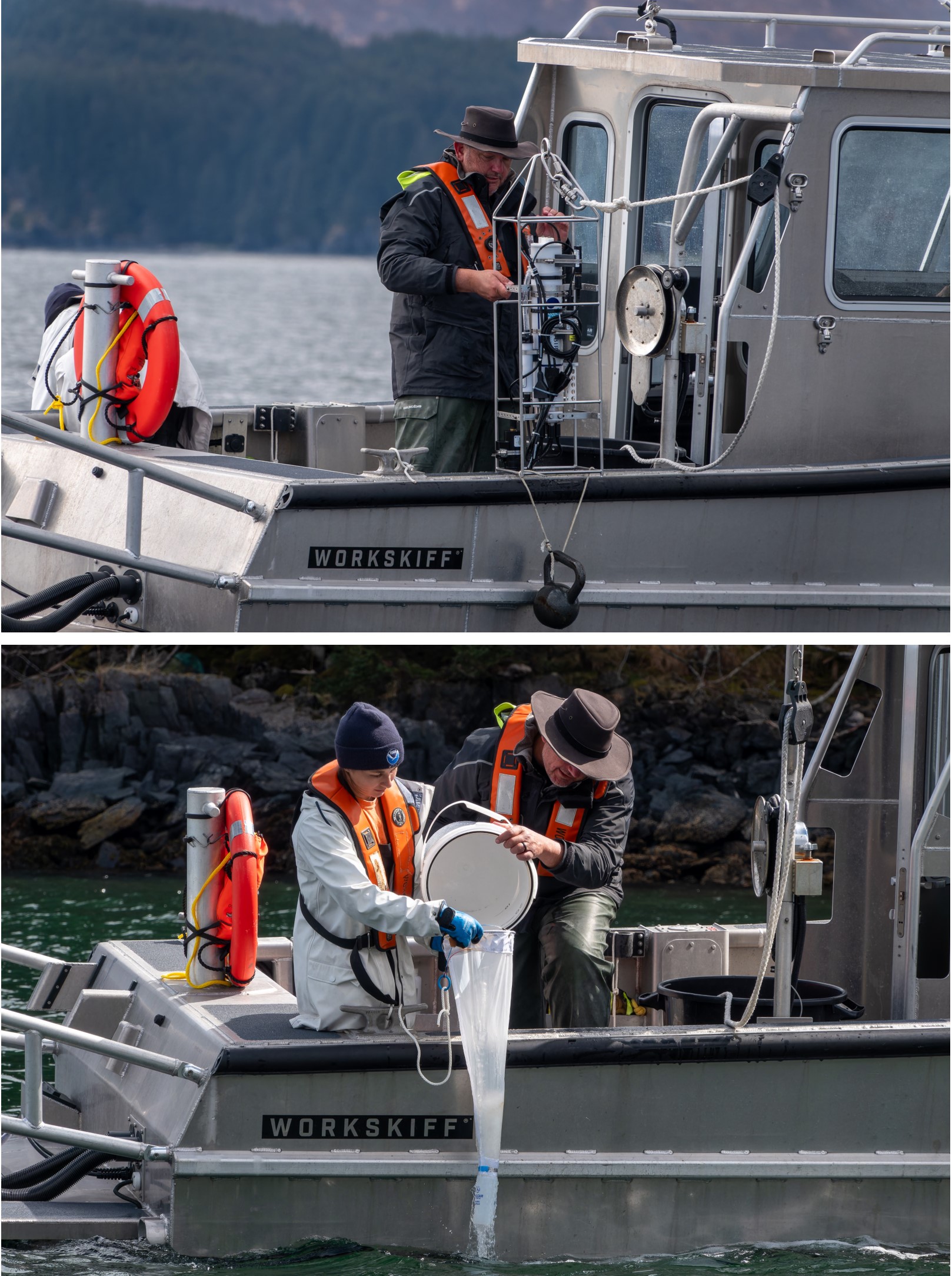 top photo: man on a boat tends to an instrument. Bottom photo: man an woman on a boat pour a bucket of water through a net into a bottle.