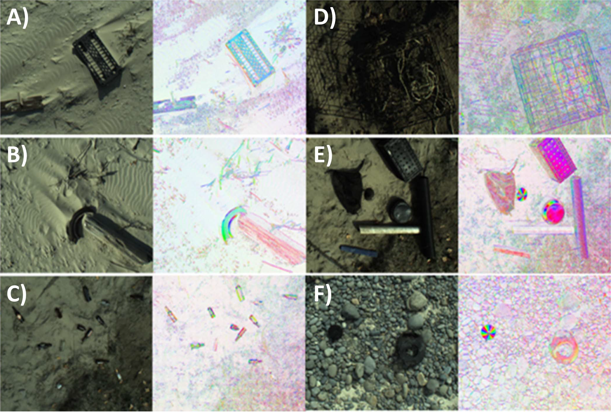 Six pairs of RGB images (left) alongside their corresponding bivariate polarimetric images (right).