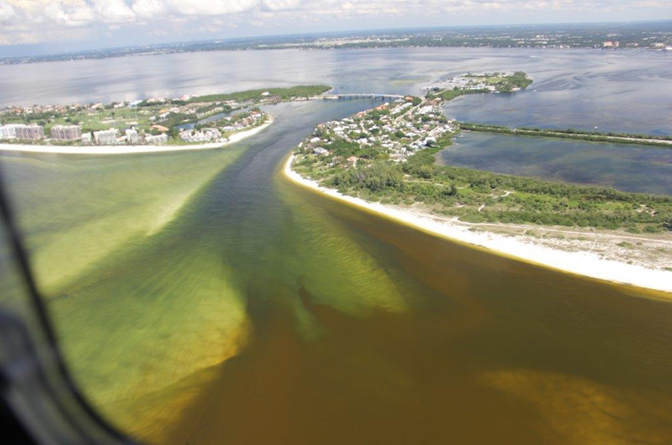 Aerial view of red tide off Florida’s Southwest coastline during the 2017–2019 bloom.