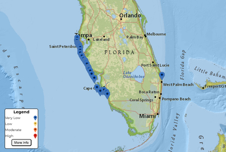 Screen capture of the Red Tide Respiratory Forecast on April 29, 2025.