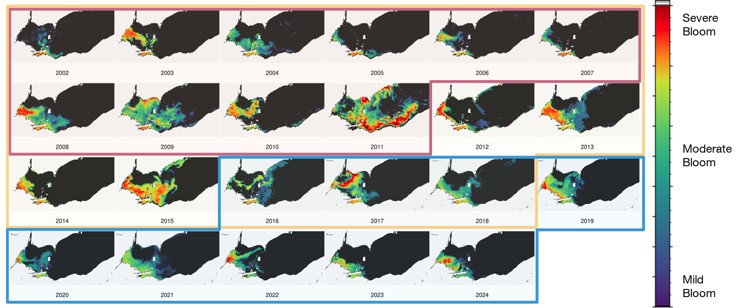 satellite imagery of peak bloom on Lake Erie, 2002 through 2024