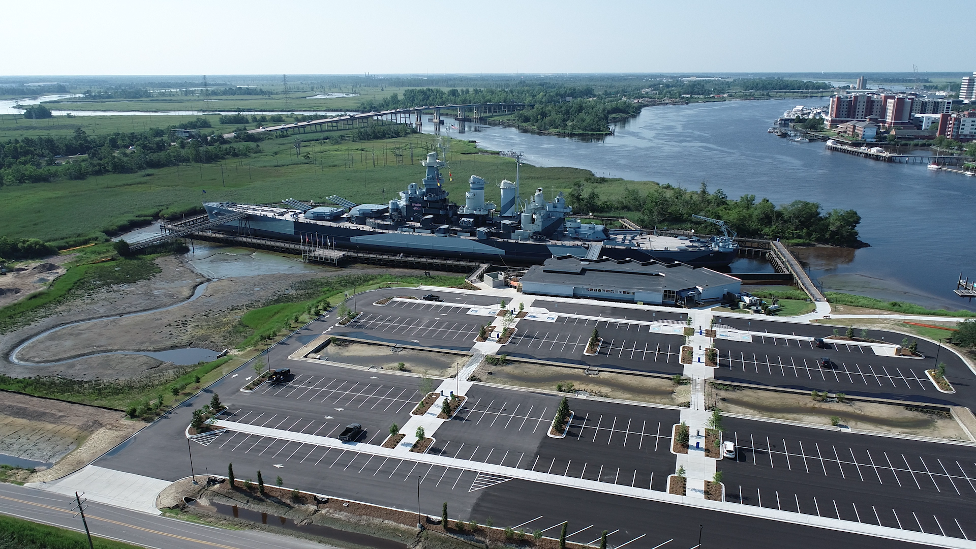 Aerial view of USS North Carolina Battleship Memorial, showing the progress of the Living with Water® project.