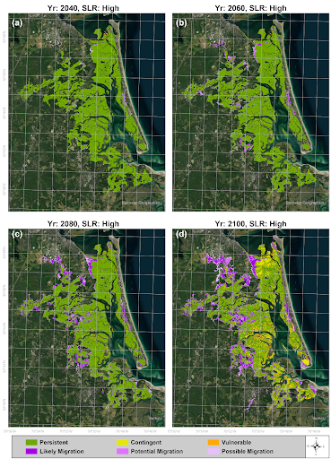 Four maps showing projected marsh fate under a high sea-level rise scenario for 2040, 2060, 2080, and 2100. Colors indicate areas expected to persist, migrate, remain contingent, become vulnerable, experience potential migration, or possible migration.