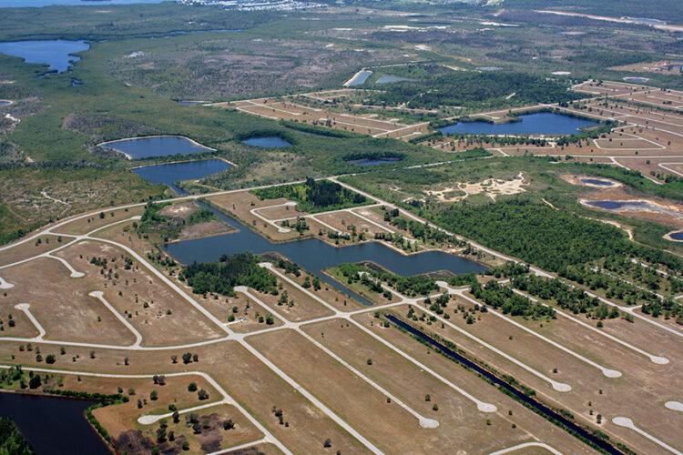Aerial view of developed land in a coastal area of southwest Florida